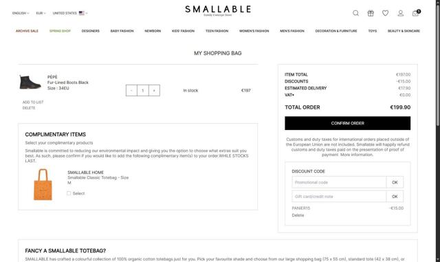 Smallable checkout page showing Smallable promo code box | Screenshot taken by SimplyCodes community member on May 8, 2025