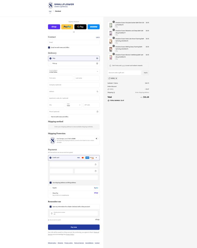 Smallflower checkout page showing Smallflower discount code box | Screenshot taken by SimplyCodes community member on Sep 3, 2025
