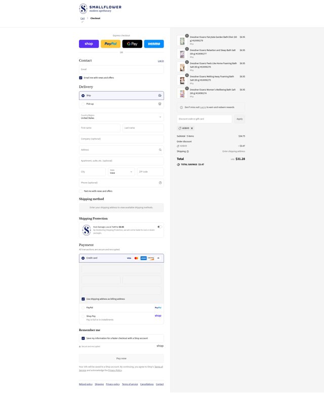 Smallflower checkout page showing Smallflower discount code box | Screenshot taken by SimplyCodes community member on Sep 3, 2025