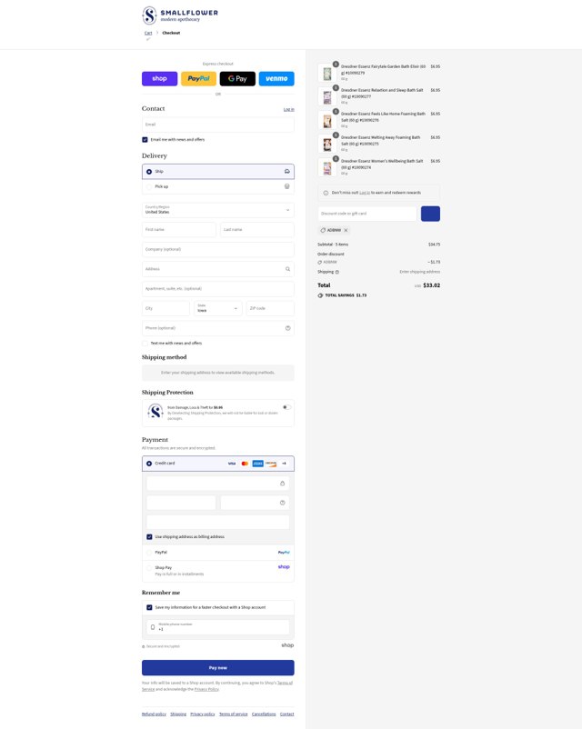 Smallflower checkout page showing Smallflower discount code box | Screenshot taken by SimplyCodes community member on Sep 3, 2025