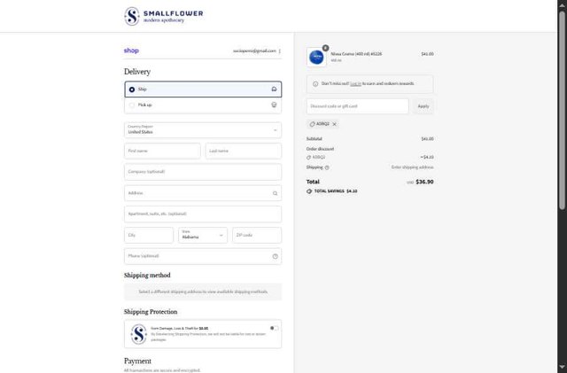 Smallflower checkout page showing Smallflower discount code box | Screenshot taken by SimplyCodes community member on Sep 4, 2025