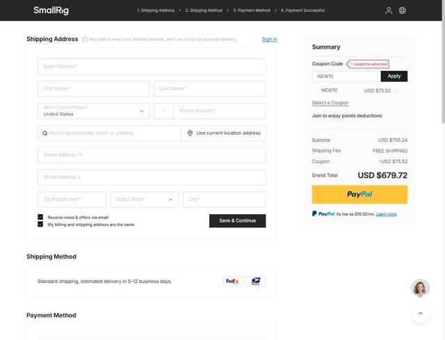 SmallRig checkout page showing SmallRig coupon code box | Screenshot taken by SimplyCodes community member on Aug 22, 2025