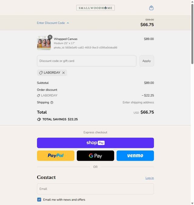 Smallwood Home checkout page showing Smallwood Home promo code box | Screenshot taken by SimplyCodes community member on Aug 27, 2025