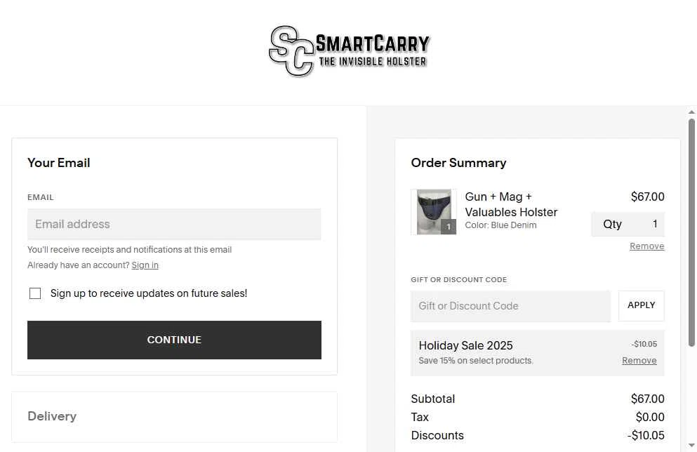 Smart Carry checkout page showing Smart Carry promo code box | Screenshot taken by SimplyCodes community member on Jan 3, 2026