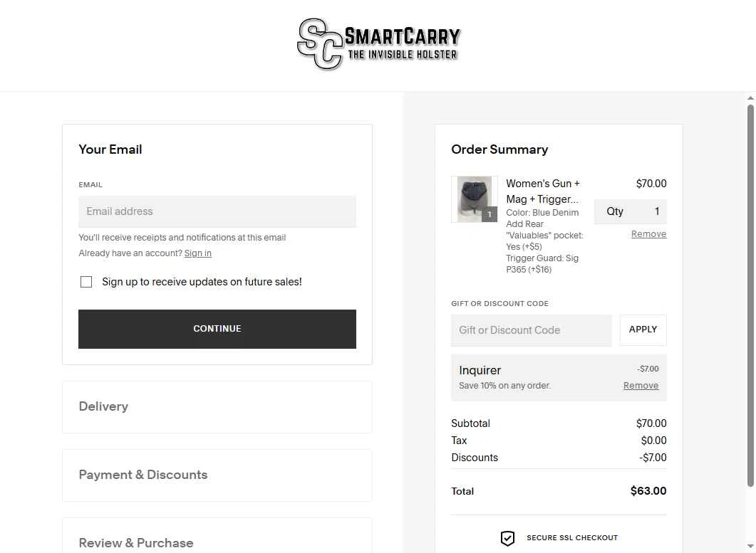 Smart Carry checkout page showing Smart Carry promo code box | Screenshot taken by SimplyCodes community member on Dec 10, 2025