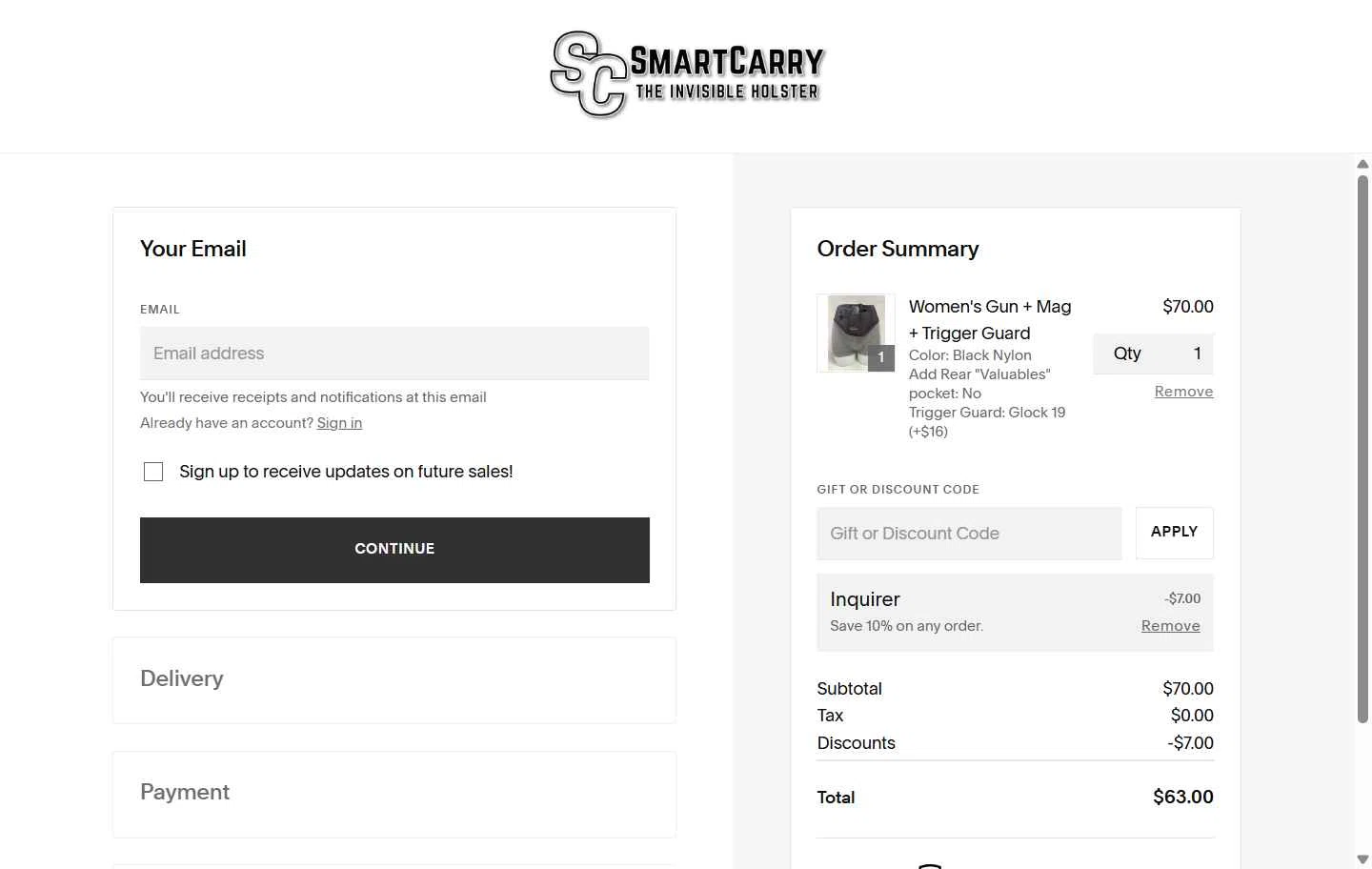 Smart Carry checkout page showing Smart Carry promo code box | Screenshot taken by SimplyCodes community member on Jan 8, 2026