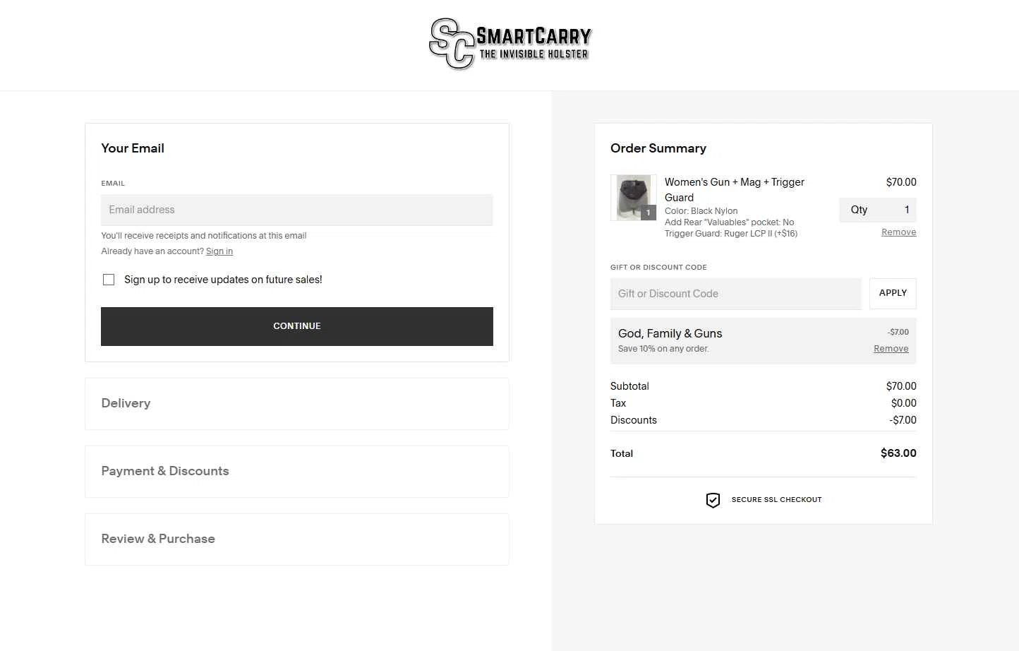 Smart Carry checkout page showing Smart Carry promo code box | Screenshot taken by SimplyCodes community member on Dec 10, 2025