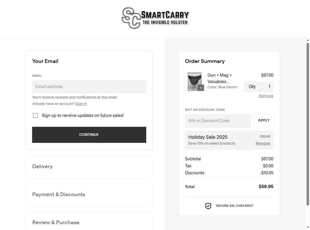 Smart Carry checkout page showing Smart Carry promo code box | Screenshot taken by SimplyCodes community member on Dec 5, 2025