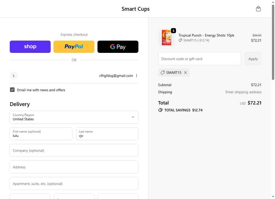 Smart Cups checkout page showing Smart Cups discount code box | Screenshot taken by SimplyCodes community member on Jan 3, 2026