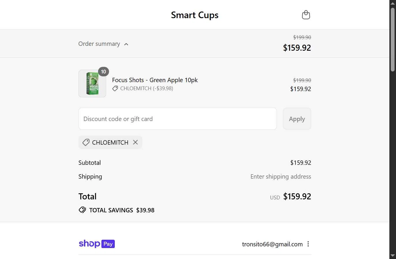 Smart Cups checkout page showing Smart Cups discount code box | Screenshot taken by SimplyCodes community member on Jul 28, 2025