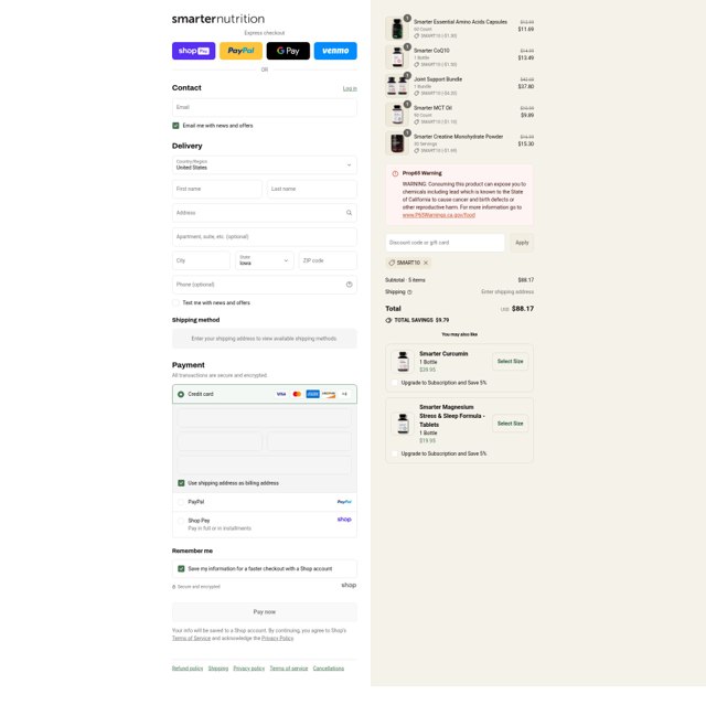 Smarter Nutrition checkout page showing Smarter Nutrition promo code box | Screenshot taken by SimplyCodes community member on Aug 26, 2025