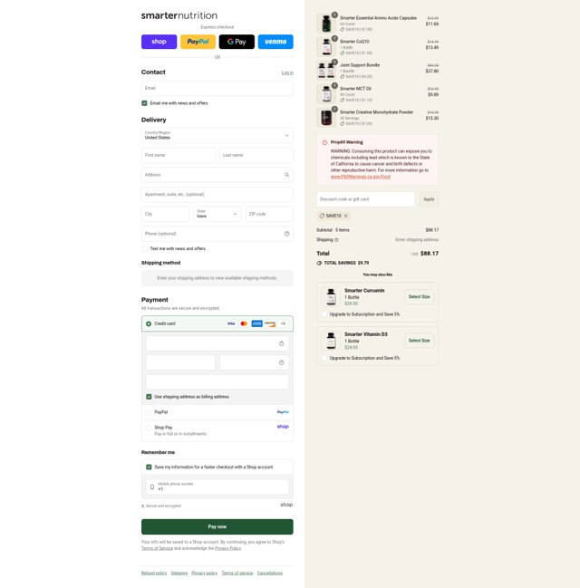 Smarter Nutrition checkout page showing Smarter Nutrition promo code box | Screenshot taken by SimplyCodes community member on Aug 30, 2025