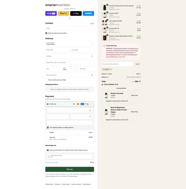 Smarter Nutrition checkout page showing Smarter Nutrition promo code box | Screenshot taken by SimplyCodes community member on Aug 26, 2025
