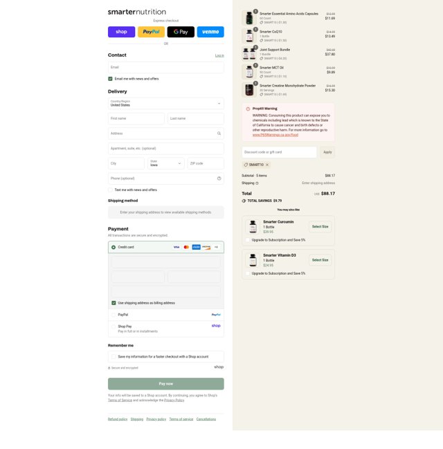 Smarter Nutrition checkout page showing Smarter Nutrition promo code box | Screenshot taken by SimplyCodes community member on Sep 3, 2025