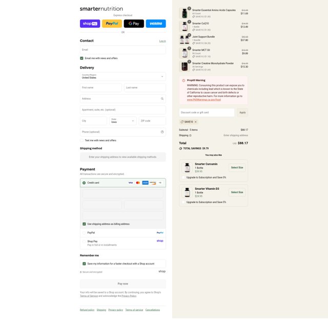 Smarter Nutrition checkout page showing Smarter Nutrition promo code box | Screenshot taken by SimplyCodes community member on Aug 22, 2025