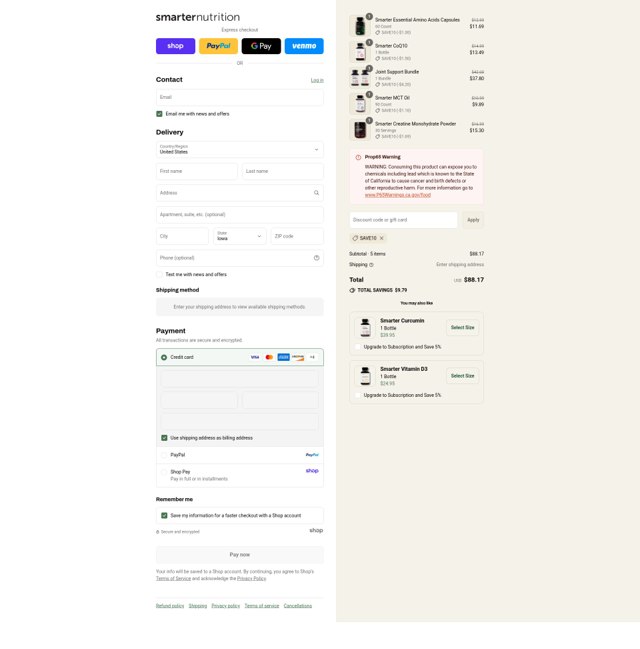 Smarter Nutrition checkout page showing Smarter Nutrition promo code box | Screenshot taken by SimplyCodes community member on Sep 3, 2025