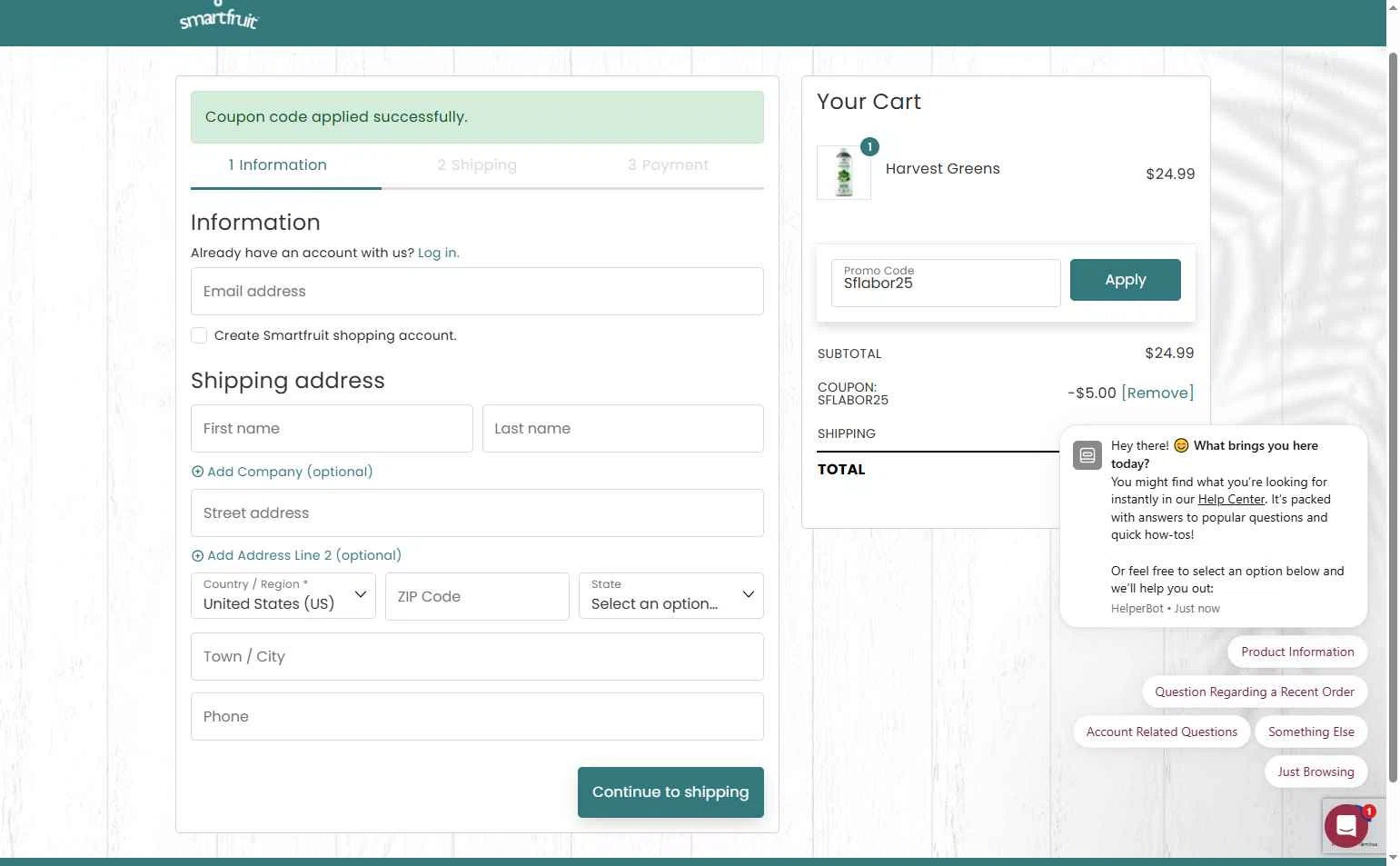 Smartfruit checkout page showing Smartfruit coupon code box | Screenshot taken by SimplyCodes community member on Aug 29, 2025
