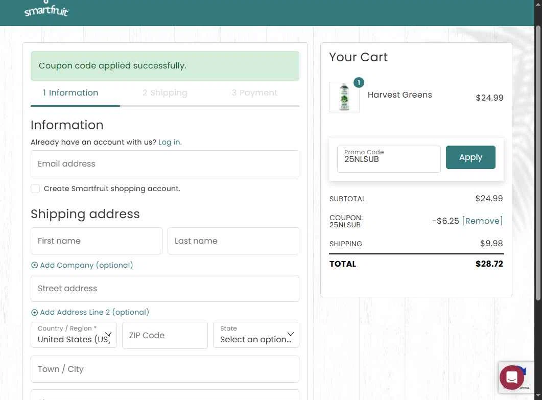 Smartfruit checkout page showing Smartfruit coupon code box | Screenshot taken by SimplyCodes community member on Jul 1, 2025