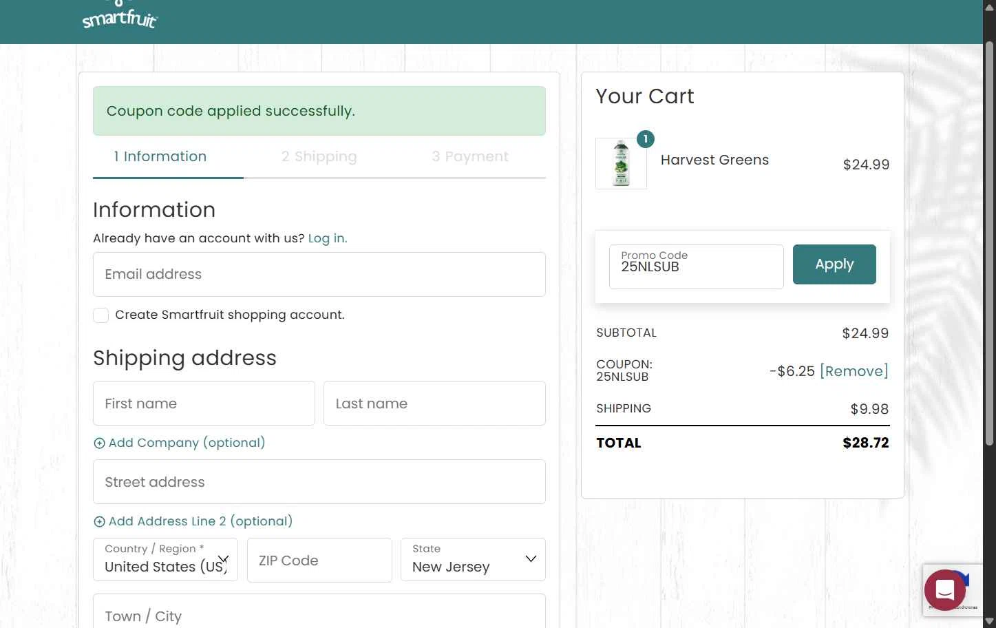 Smartfruit checkout page showing Smartfruit coupon code box | Screenshot taken by SimplyCodes community member on Jun 27, 2025