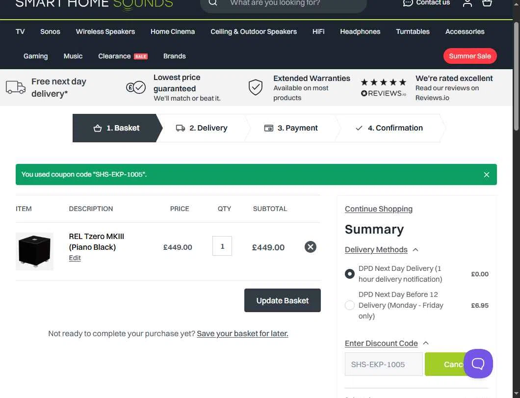 Smart Home Sounds checkout page showing Smart Home Sounds discount code box | Screenshot taken by SimplyCodes community member on Sep 17, 2025