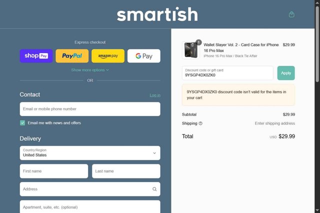 Smartish checkout page showing Smartish discount code box | Screenshot taken by SimplyCodes community member on Aug 4, 2025