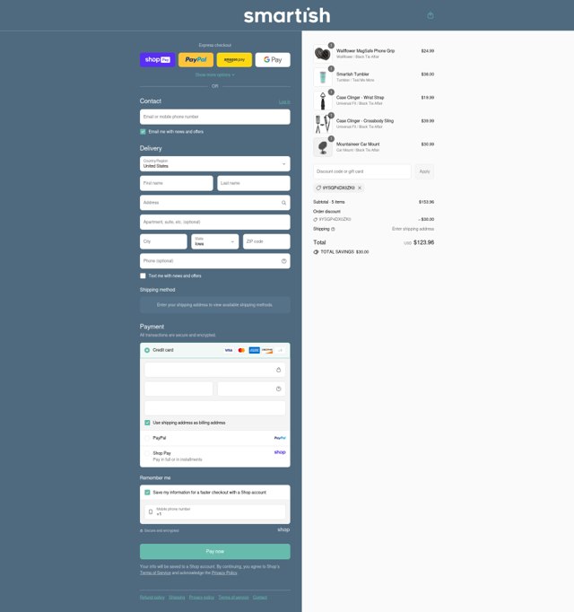 Smartish checkout page showing Smartish discount code box | Screenshot taken by SimplyCodes community member on Aug 22, 2025