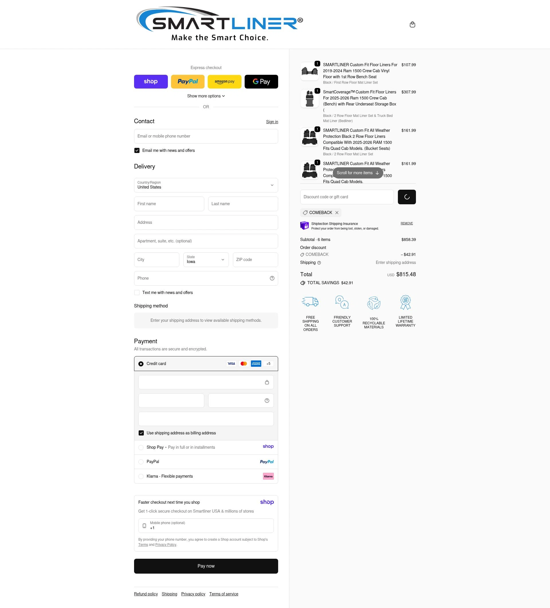 Smartliner USA checkout page showing Smartliner USA discount code box | Screenshot taken by SimplyCodes community member on Jan 10, 2026