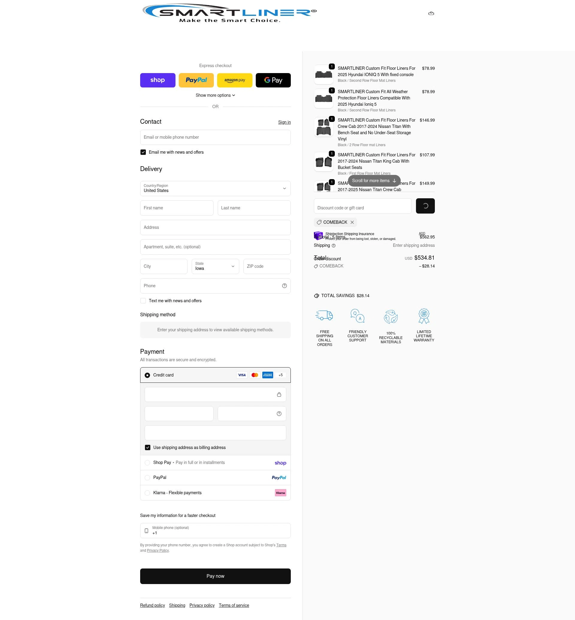 Smartliner USA checkout page showing Smartliner USA discount code box | Screenshot taken by SimplyCodes community member on Feb 14, 2026