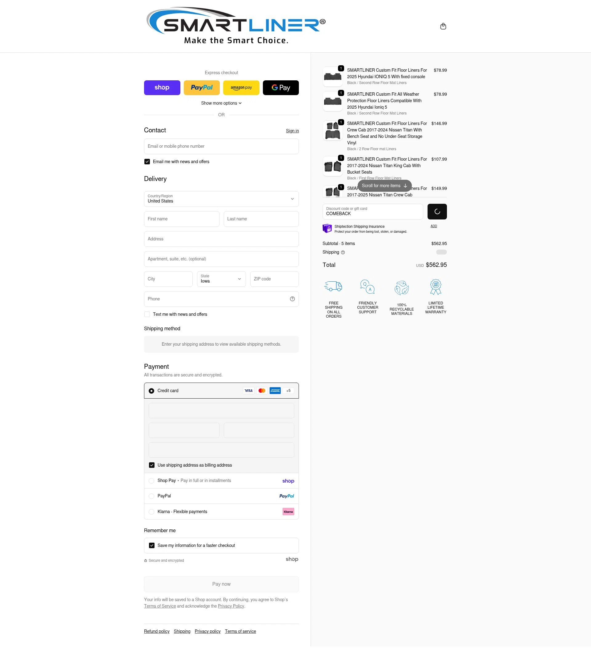 Smartliner USA checkout page showing Smartliner USA discount code box | Screenshot taken by SimplyCodes community member on Jan 29, 2026
