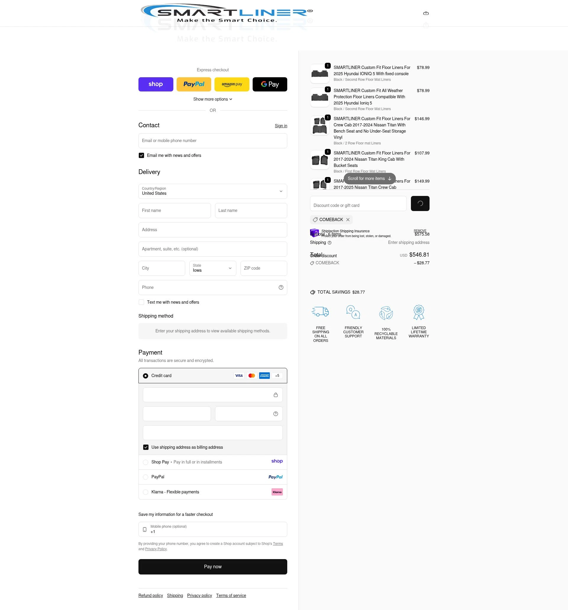 Smartliner USA checkout page showing Smartliner USA discount code box | Screenshot taken by SimplyCodes community member on Jan 20, 2026