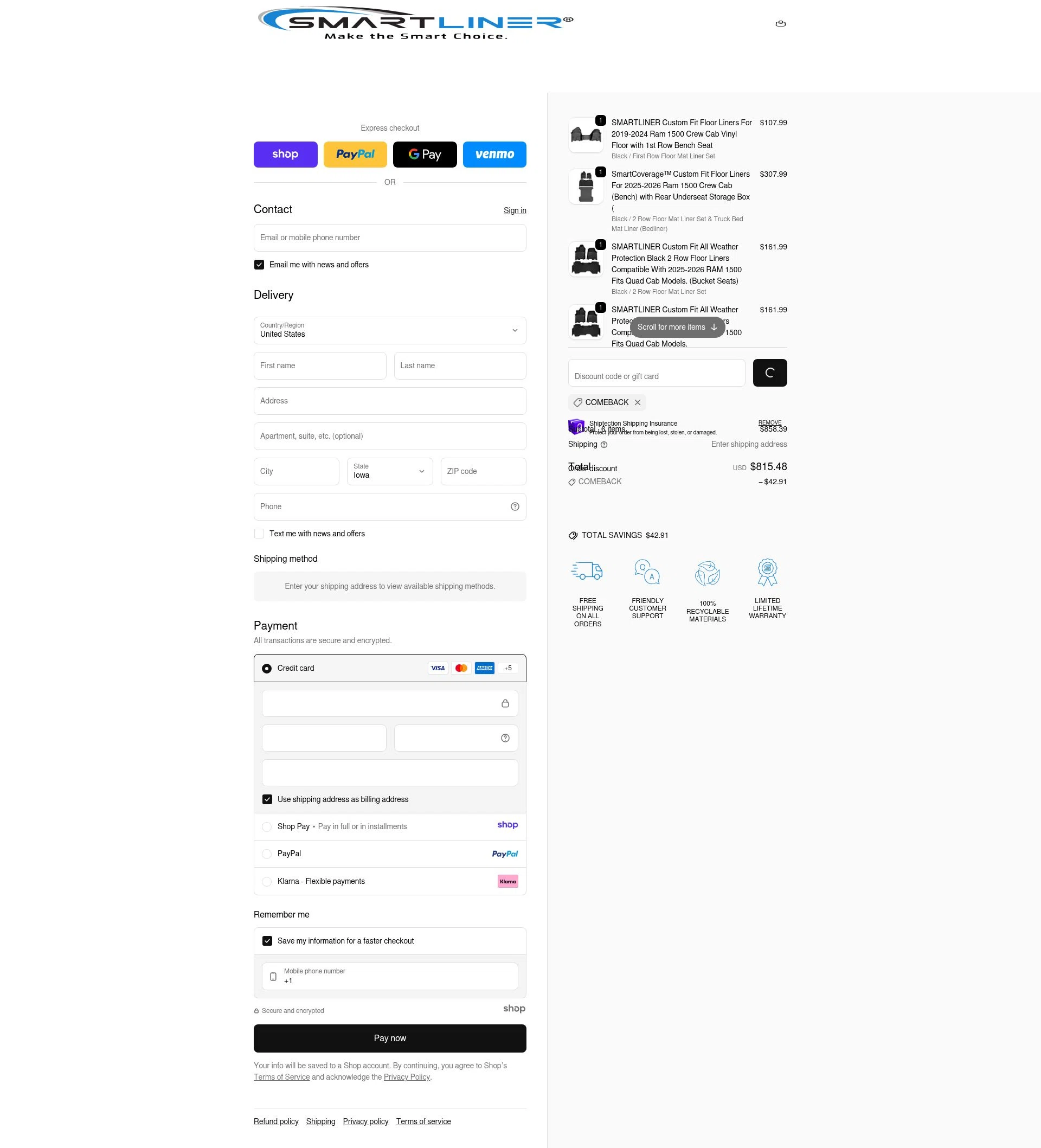 Smartliner USA checkout page showing Smartliner USA discount code box | Screenshot taken by SimplyCodes community member on Jan 15, 2026