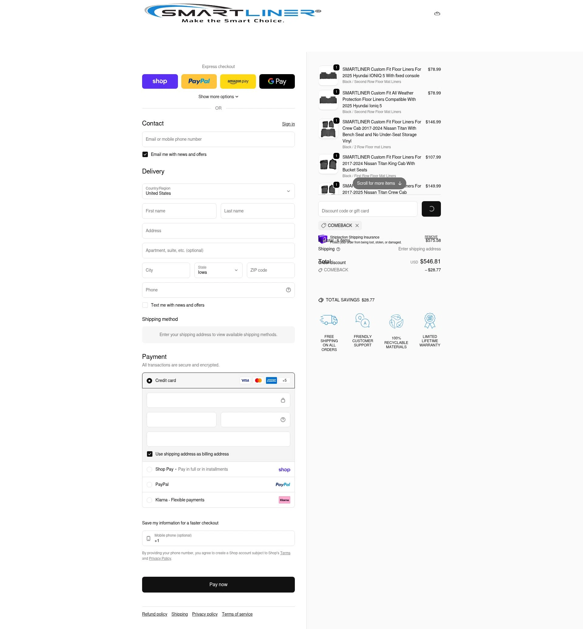 Smartliner USA checkout page showing Smartliner USA discount code box | Screenshot taken by SimplyCodes community member on Feb 7, 2026