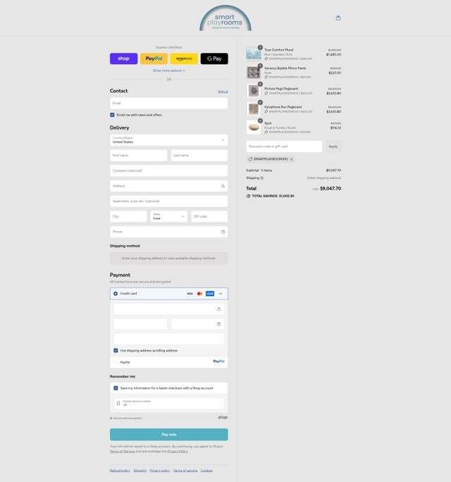 Smart Playrooms checkout page showing Smart Playrooms promo code box | Screenshot taken by SimplyCodes community member on Sep 16, 2025