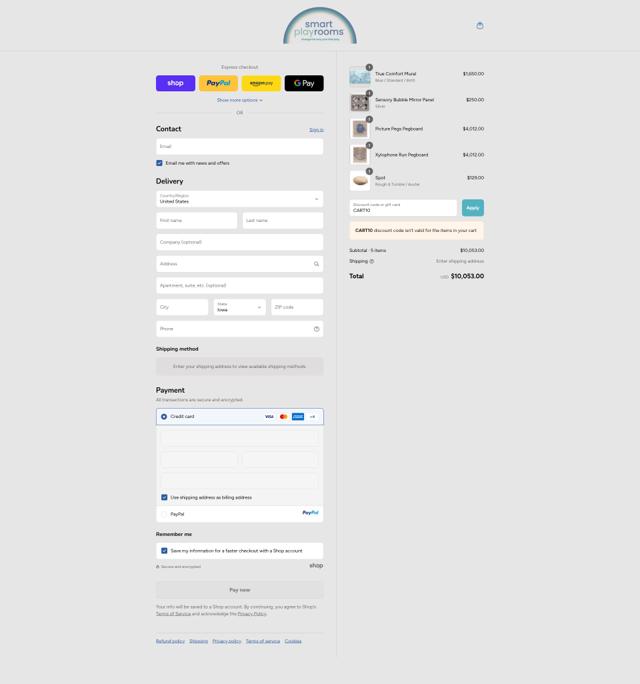 Smart Playrooms checkout page showing Smart Playrooms promo code box | Screenshot taken by SimplyCodes community member on Sep 16, 2025