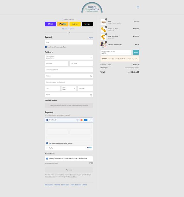 Smart Playrooms checkout page showing Smart Playrooms promo code box | Screenshot taken by SimplyCodes community member on Sep 11, 2025