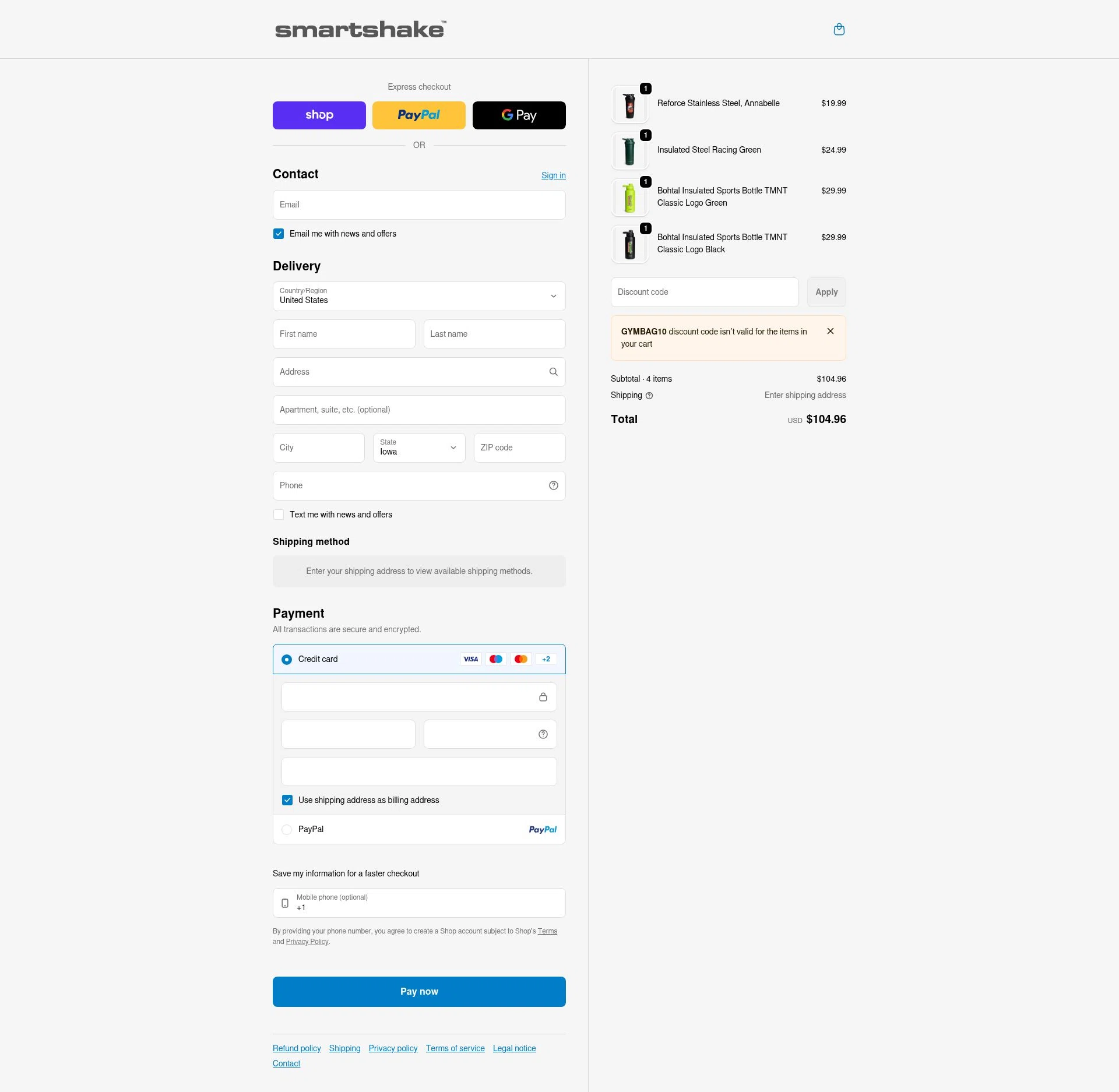 SmartShake checkout page showing SmartShake discount code box | Screenshot taken by SimplyCodes community member on Feb 9, 2026