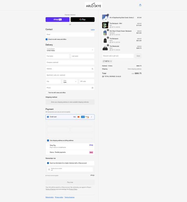 Arlo Skye checkout page showing Arlo Skye discount code box | Screenshot taken by SimplyCodes community member on Aug 24, 2025