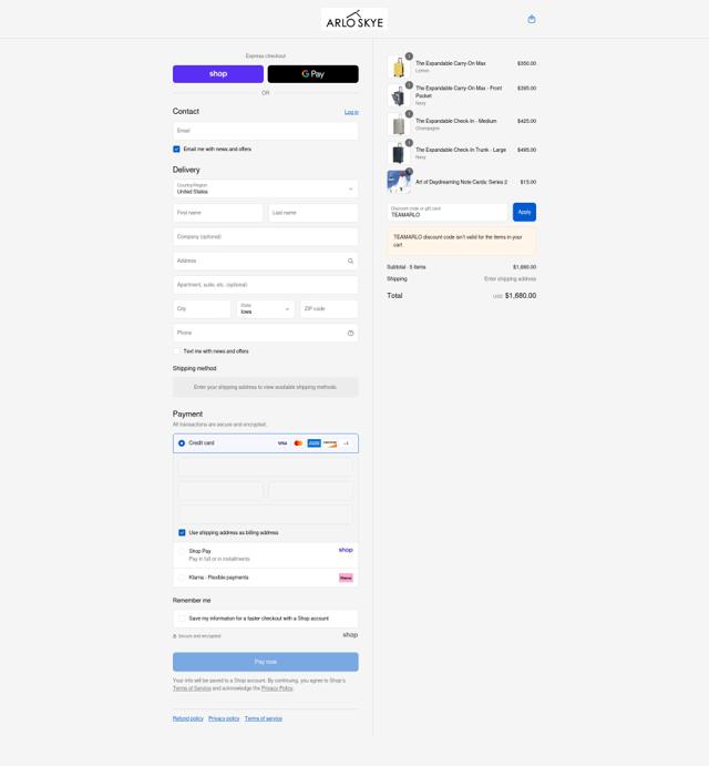 Arlo Skye checkout page showing Arlo Skye discount code box | Screenshot taken by SimplyCodes community member on Sep 6, 2025