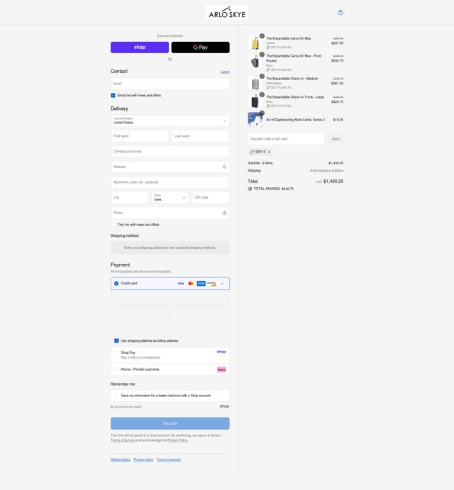 Arlo Skye checkout page showing Arlo Skye discount code box | Screenshot taken by SimplyCodes community member on Sep 6, 2025