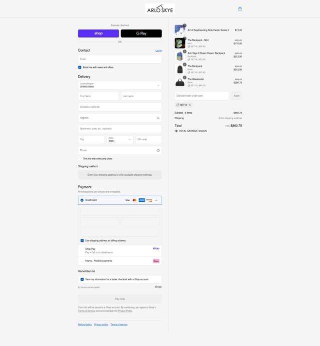 Arlo Skye checkout page showing Arlo Skye discount code box | Screenshot taken by SimplyCodes community member on Aug 29, 2025