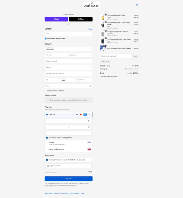 Arlo Skye checkout page showing Arlo Skye discount code box | Screenshot taken by SimplyCodes community member on Sep 14, 2025