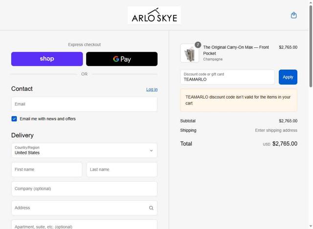 Arlo Skye checkout page showing Arlo Skye discount code box | Screenshot taken by SimplyCodes community member on Sep 2, 2025