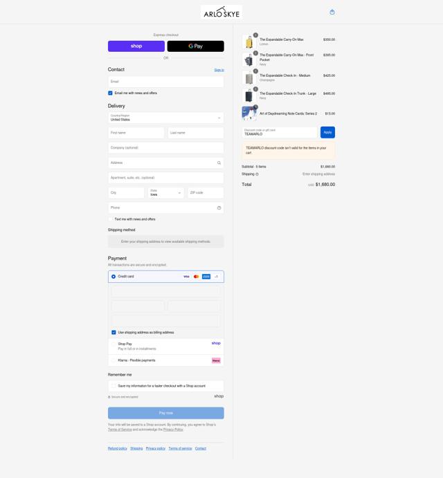 Arlo Skye checkout page showing Arlo Skye discount code box | Screenshot taken by SimplyCodes community member on Sep 14, 2025