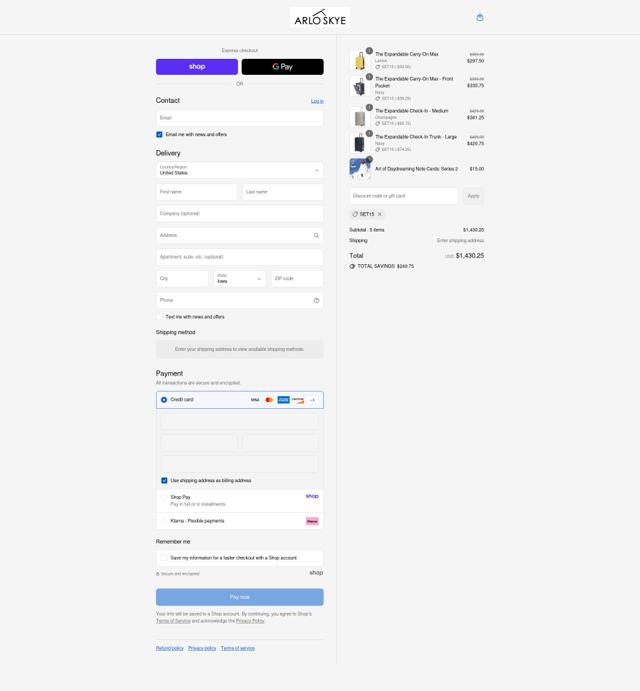 Arlo Skye checkout page showing Arlo Skye discount code box | Screenshot taken by SimplyCodes community member on Sep 2, 2025