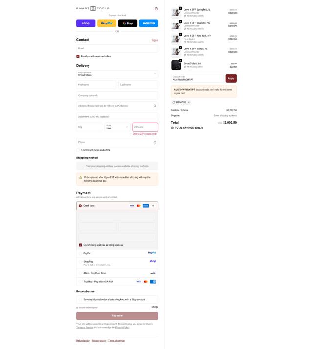 Smart Tools checkout page showing Smart Tools coupon code box | Screenshot taken by SimplyCodes community member on Sep 24, 2025