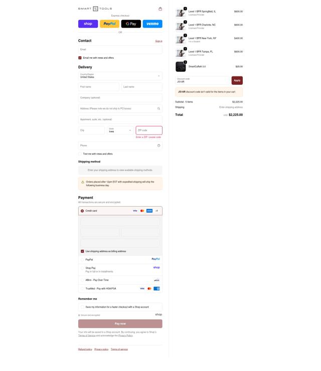 Smart Tools checkout page showing Smart Tools coupon code box | Screenshot taken by SimplyCodes community member on Sep 24, 2025