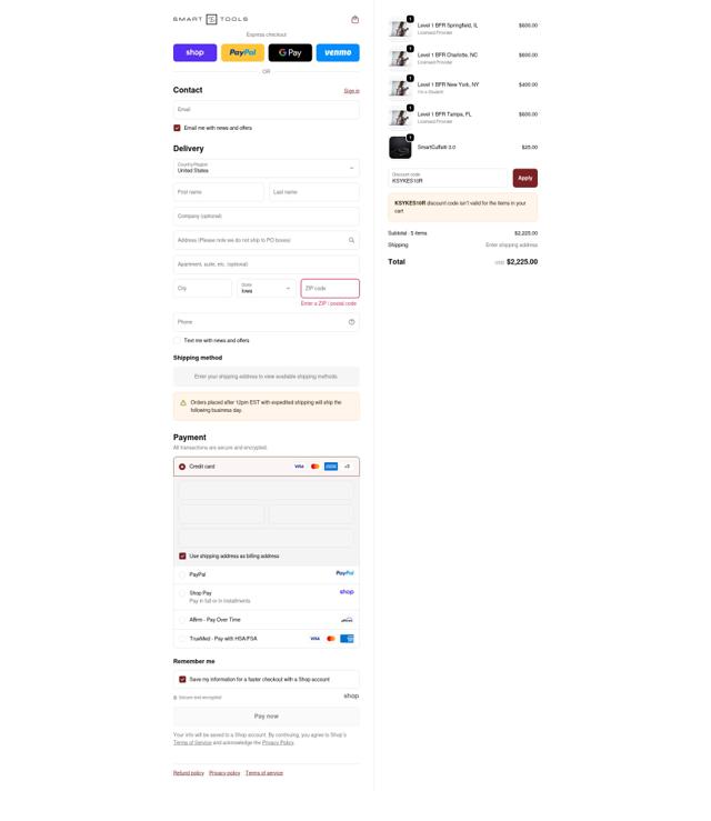 Smart Tools checkout page showing Smart Tools coupon code box | Screenshot taken by SimplyCodes community member on Sep 24, 2025