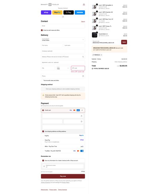 Smart Tools checkout page showing Smart Tools coupon code box | Screenshot taken by SimplyCodes community member on Sep 24, 2025