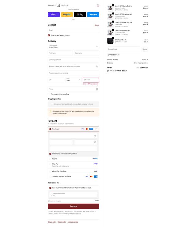 Smart Tools checkout page showing Smart Tools coupon code box | Screenshot taken by SimplyCodes community member on Sep 24, 2025