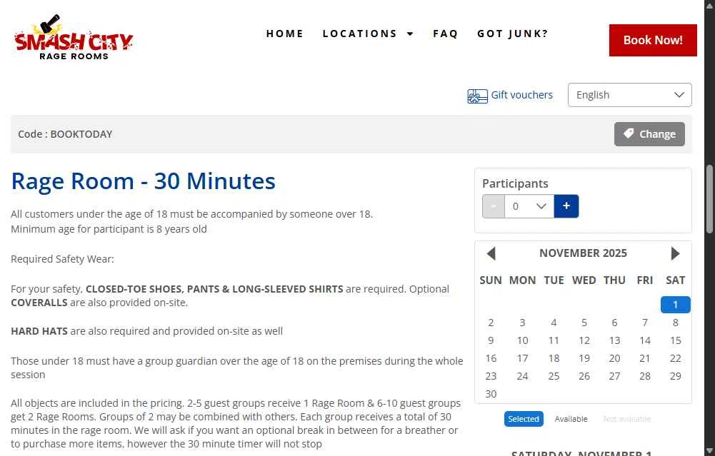 Smash City Rage Room checkout page showing Smash City Rage Room promo code box | Screenshot taken by SimplyCodes community member on Nov 1, 2025